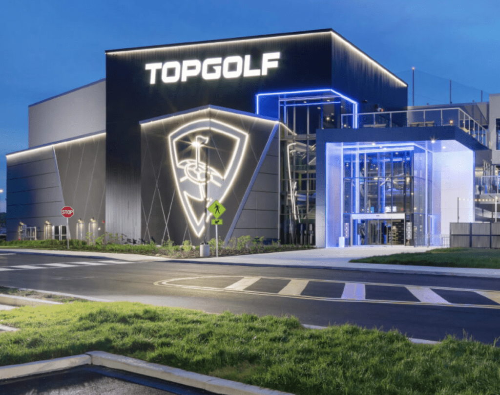 The Topgolf building at dusk.
