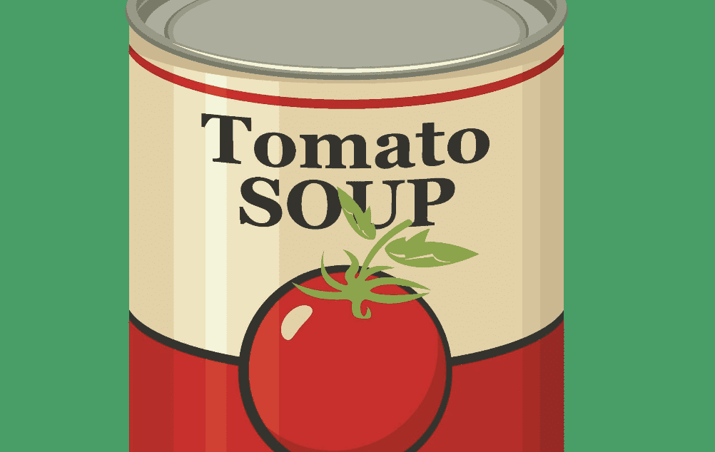 A can of tomato soup on a green background for a food drive.