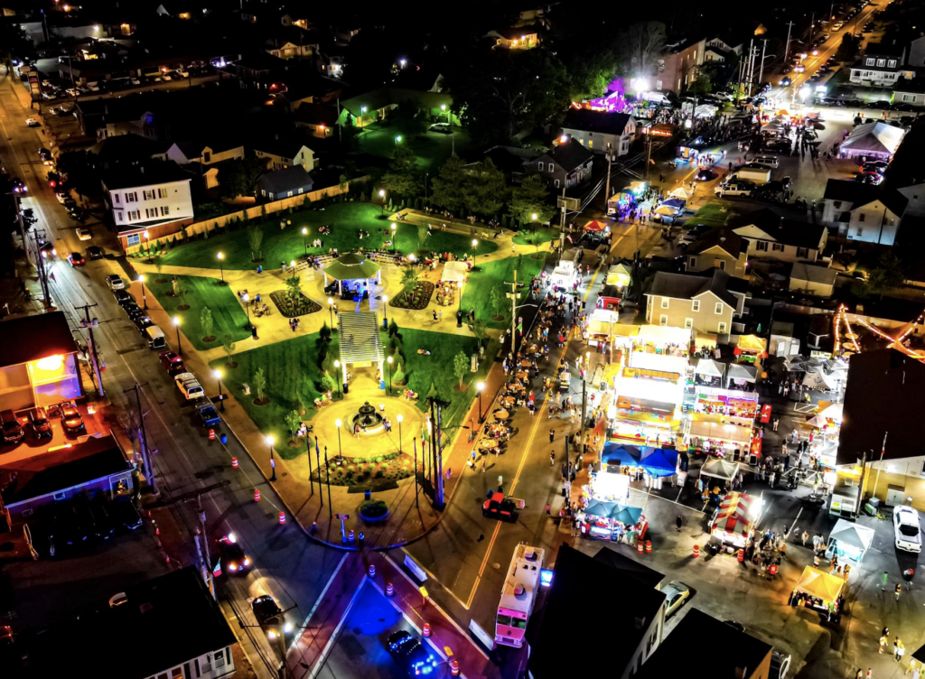 An aerial view of St. Mary's Feast, an amusement park at night.