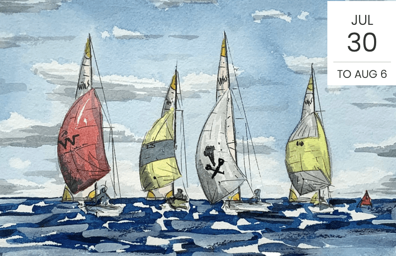 A watercolor art of sailboats in the ocean.