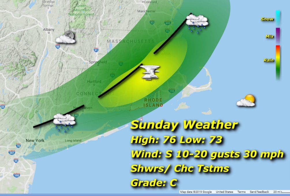 A map displaying the Sunday weather forecast for Rhode Island.