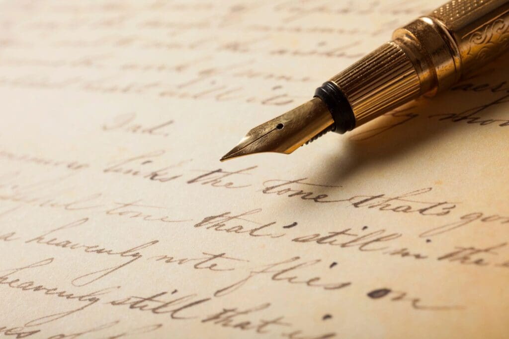 A fountain pen sits on top of an old letter.