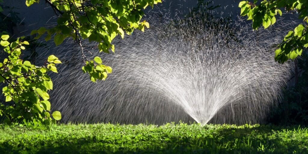 A sprinkler is spraying water on a green lawn.