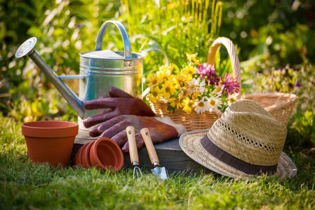 Hat, gloves, watering can and gardening tools on the grass.