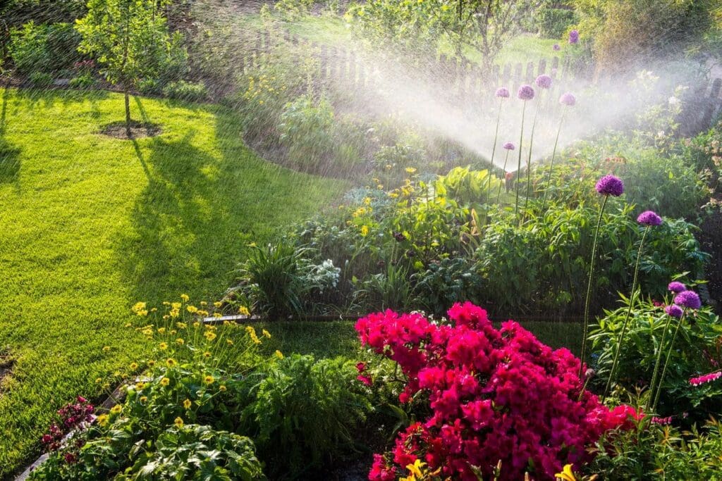 A sprinkler watering flowers in a garden.
