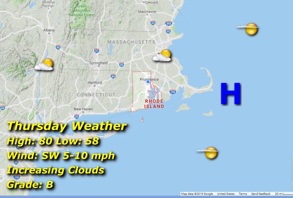 A map showing the weather in Massachusetts and Rhode Island.