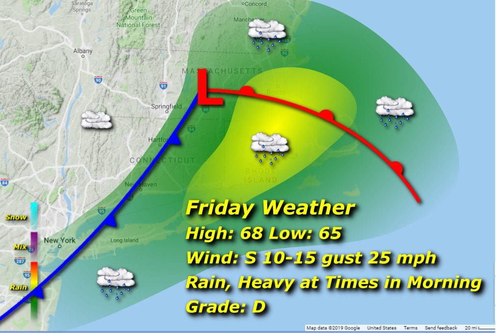 A map displaying the Rhode Island weather for Friday.