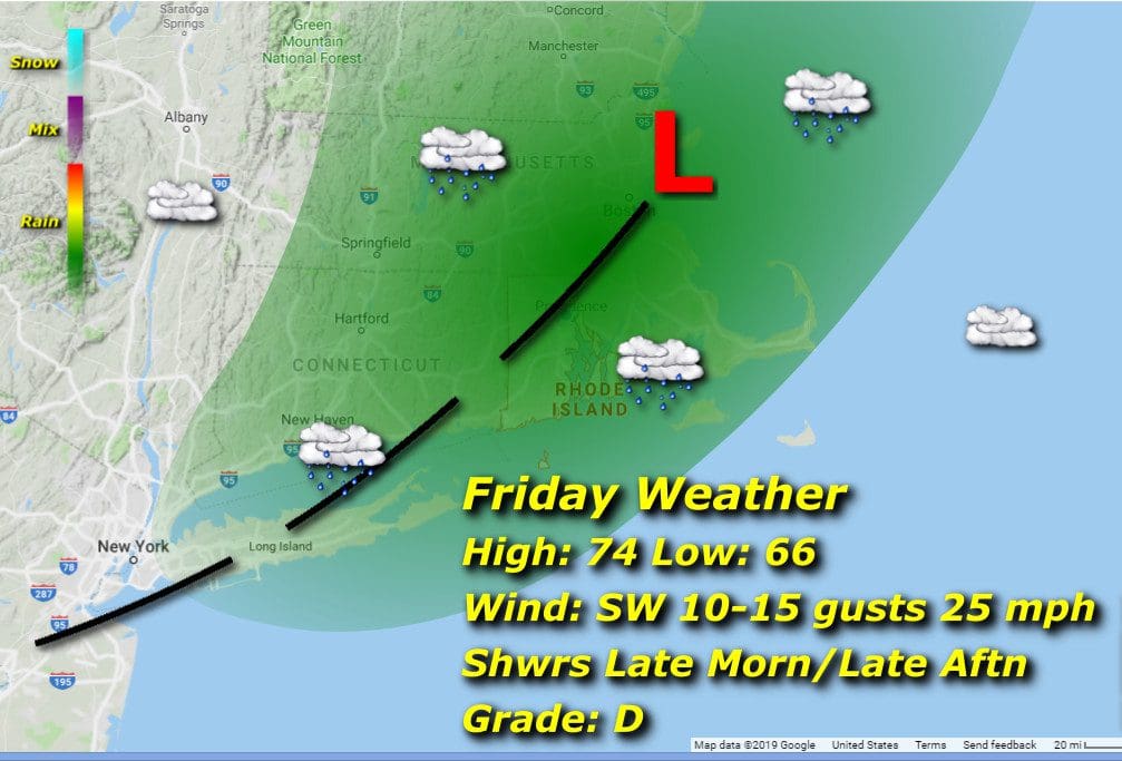 A map showing the Rhode Island weather for Friday.