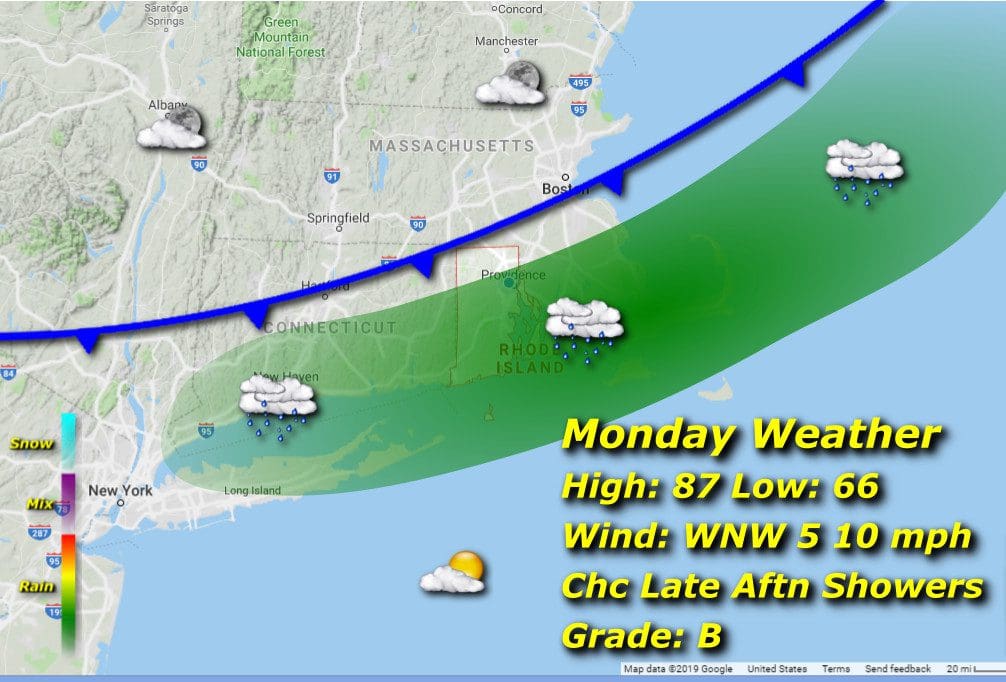 A map of the Monday weather in New Hampshire and Rhode Island.