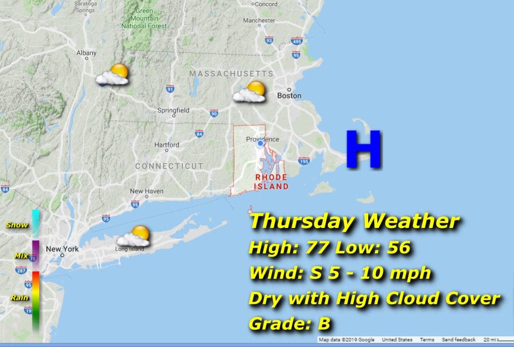 Thursday weather map for Rhode Island.