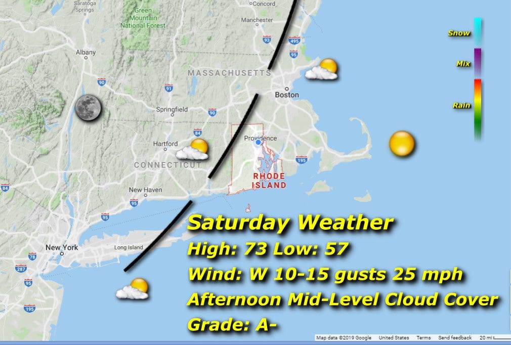 Saturday weather map for Rhode Island.