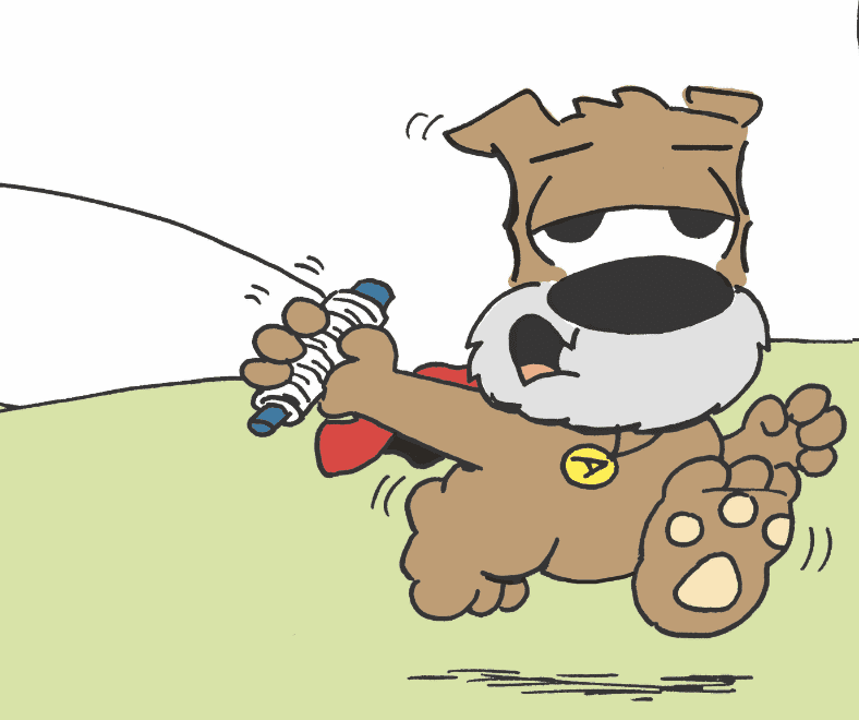 A cartoon of a dog running with a stick.