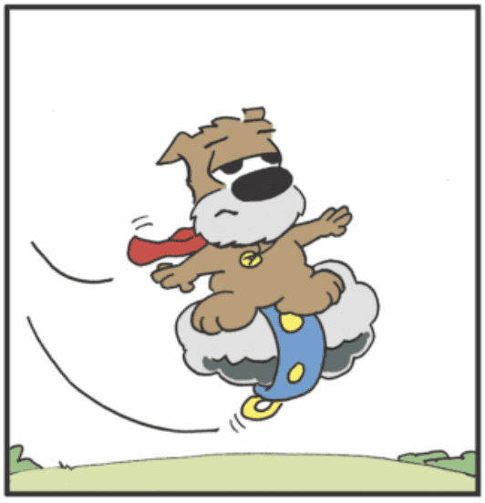 A cartoon of a dog flying through the air.