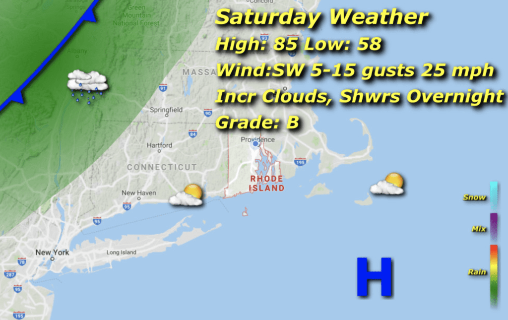 A Rhode Island weather map depicting the forecast for Saturday and Sunday.