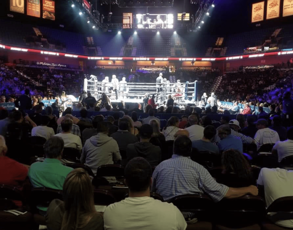 A crowd of people watching a CES Boxing match.