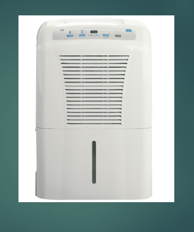 A white dehumidifier on a green background, suitable for recalling dehumidifiers.