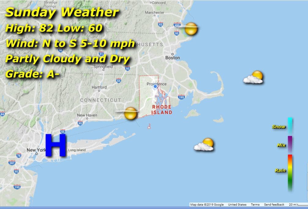 A Rhode Island weather map displaying the current weather conditions.