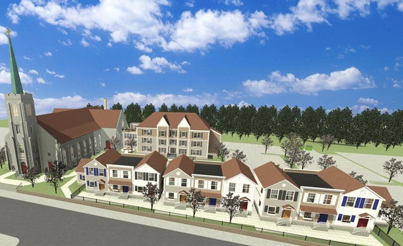 An artist's rendering of a neighborhood with houses and a church.