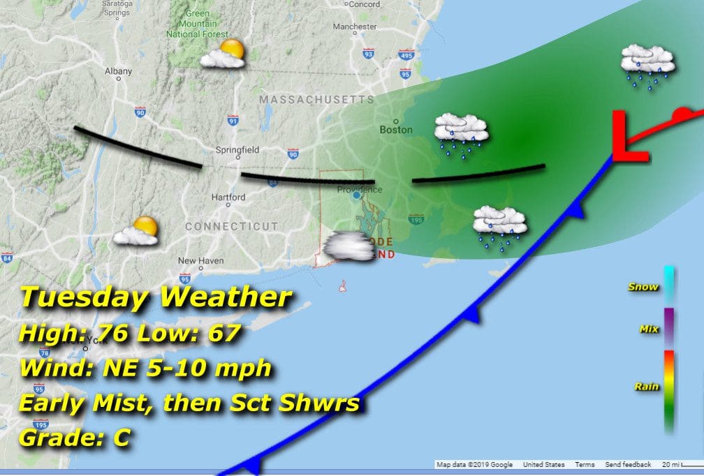 Tuesday's Rhode Island weather map shows the direction of the storm.