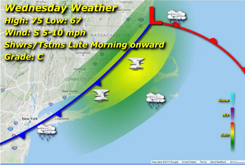 Rhode Island weather on the Wednesday weather map.