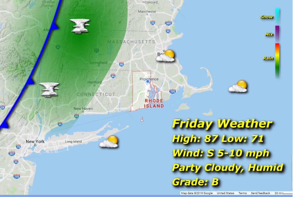 A map showing the weather for Friday in Massachusetts and Rhode Island.