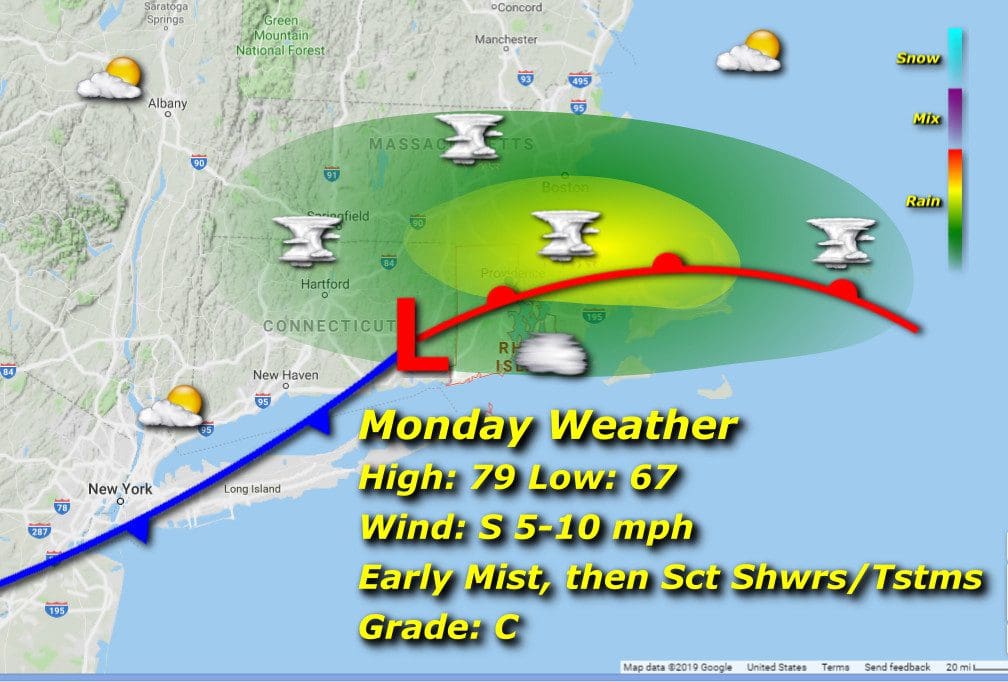 A Rhode Island weather map for Monday.
