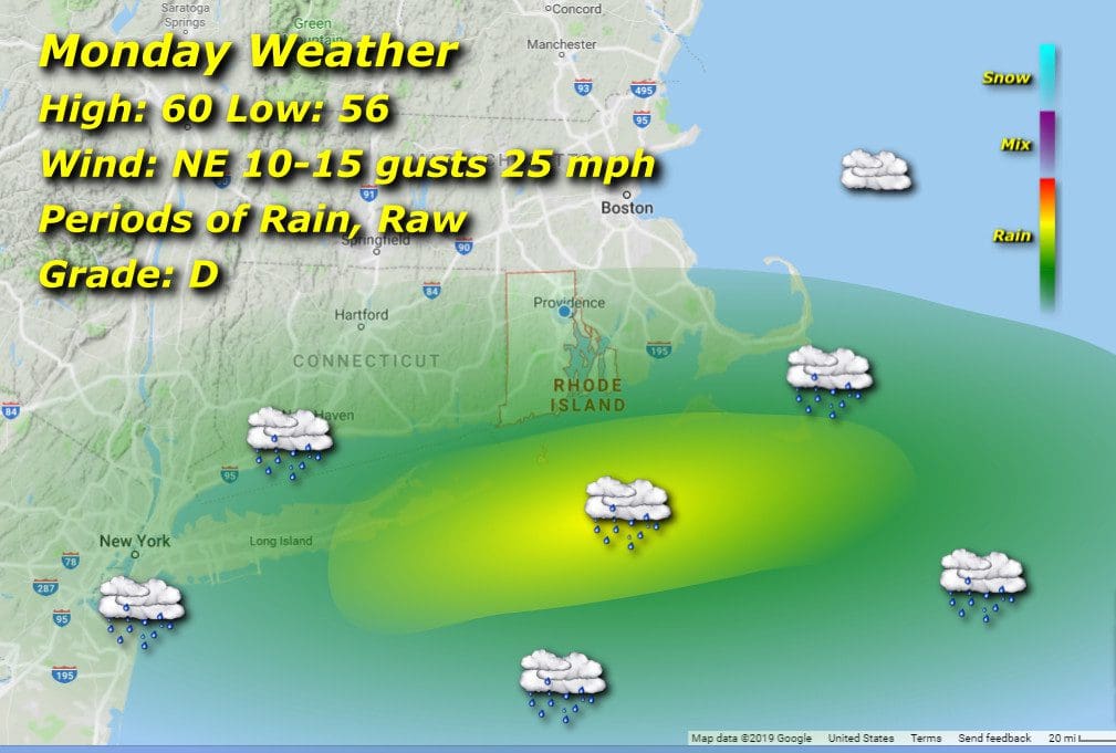 A map showing the weather for Monday in Massachusetts and Rhode Island.