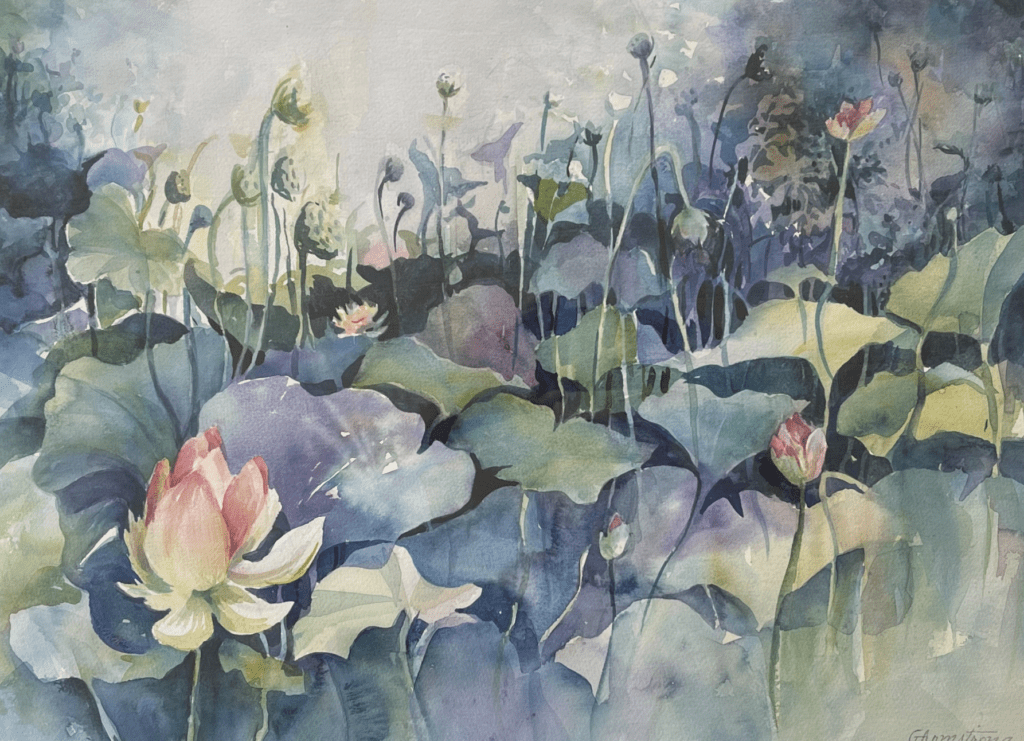 A lotus field depicted through watercolor art.