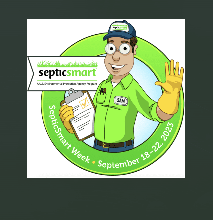 Septic smart logo featuring a man holding a sign promoting septic systems.