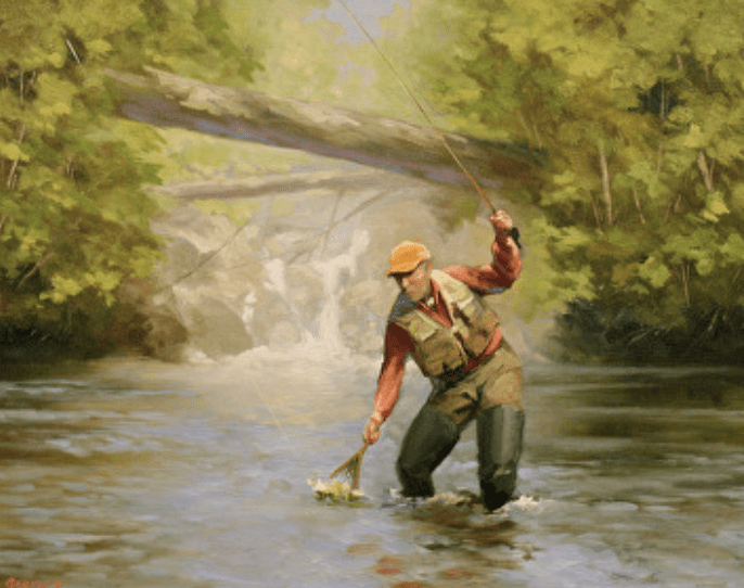 An art depicting a man fishing in a river.