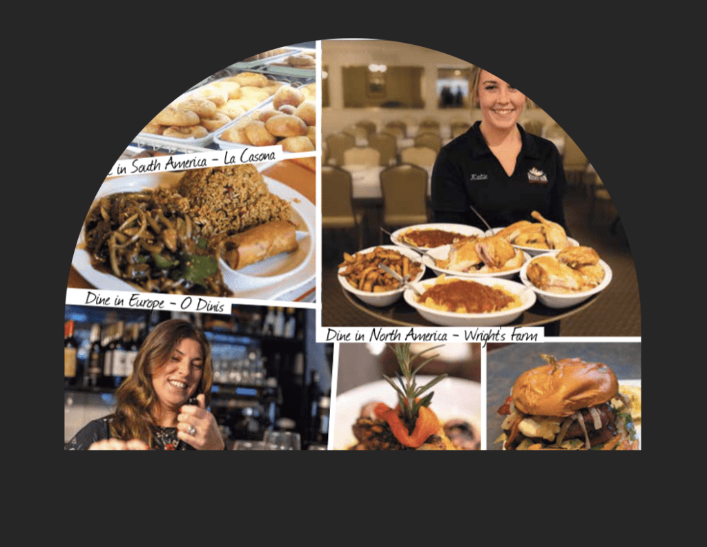 A collage of pictures of food and a woman holding a plate from various Blackstone Valley restaurants.
