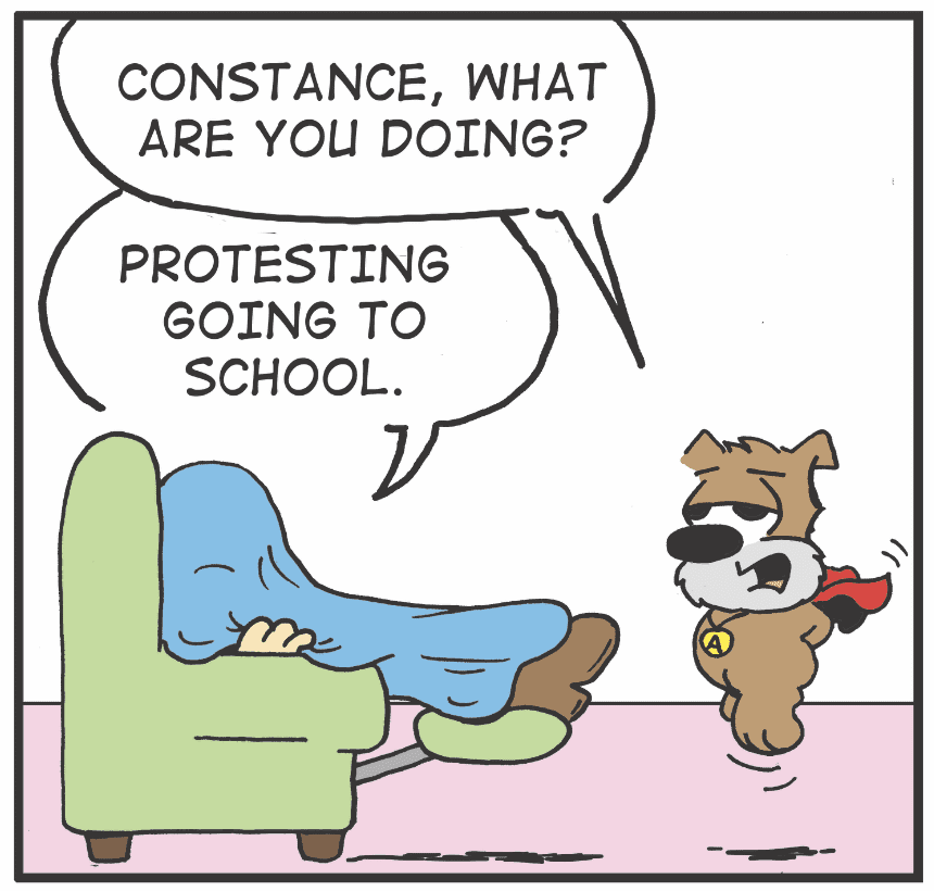 A comics of a dog sitting in a chair and saying,'what are you doing?'.