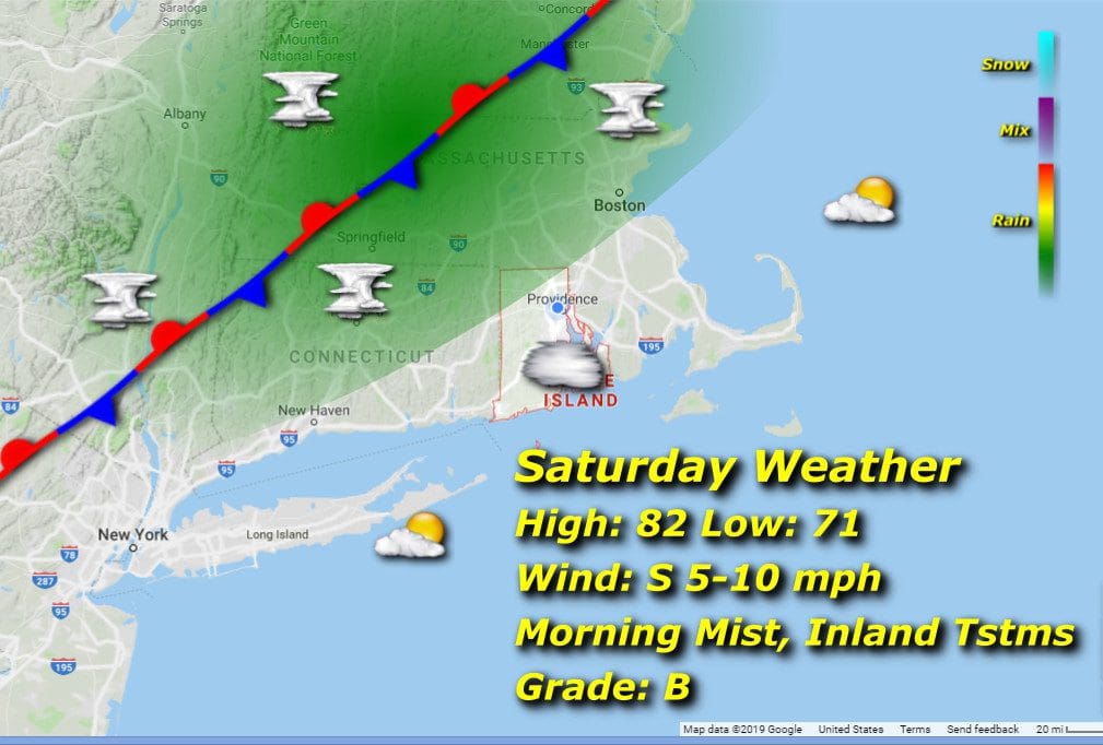 Saturday weather map for Rhode Island, New Hampshire, and Massachusetts.
