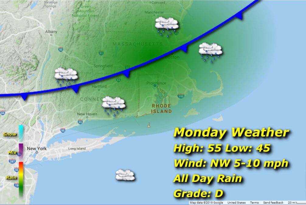 A map showing the Rhode Island weather for Monday.