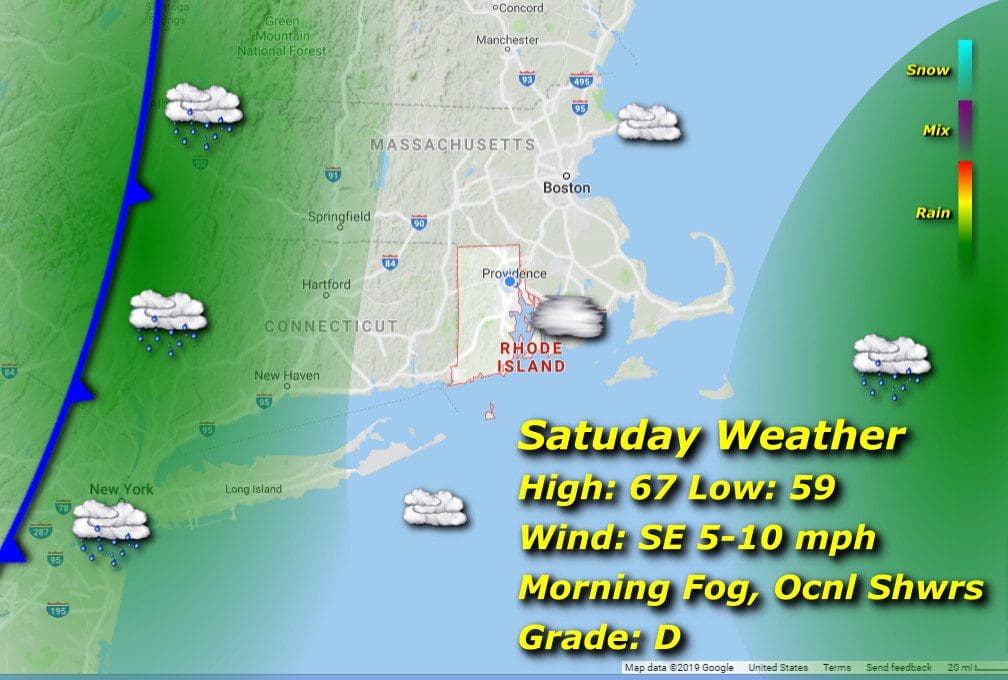A map displaying the weather forecast for Saturday in Massachusetts, including Rhode Island.