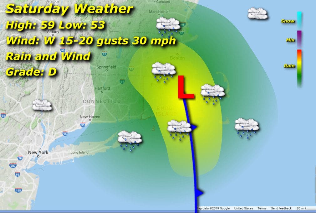 Saturday weather map for Rhode Island.