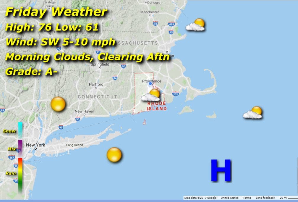 A Rhode Island weather map displaying the forecast for Friday.