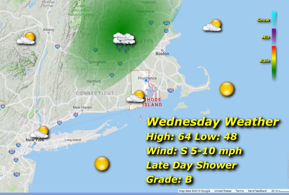 A map showing the weather in New Hampshire and Rhode Island.