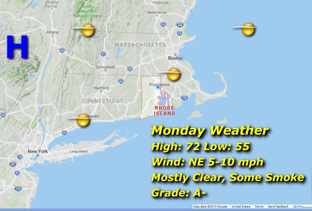 A map showing the weather in New Hampshire and Rhode Island.