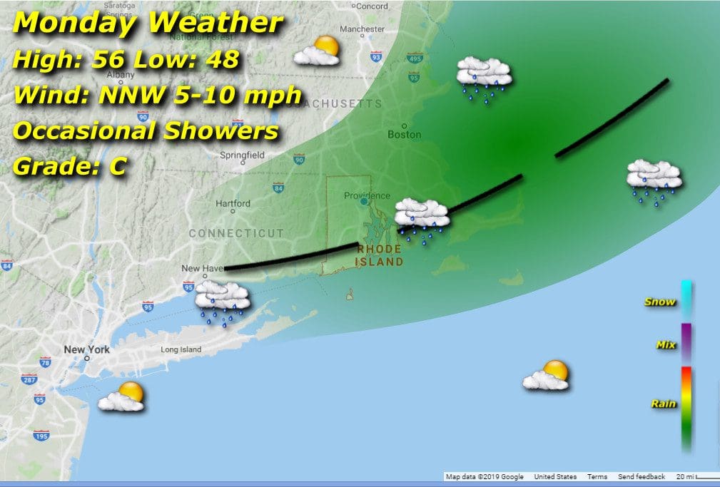 A map showing the weather for Rhode Island on Monday.