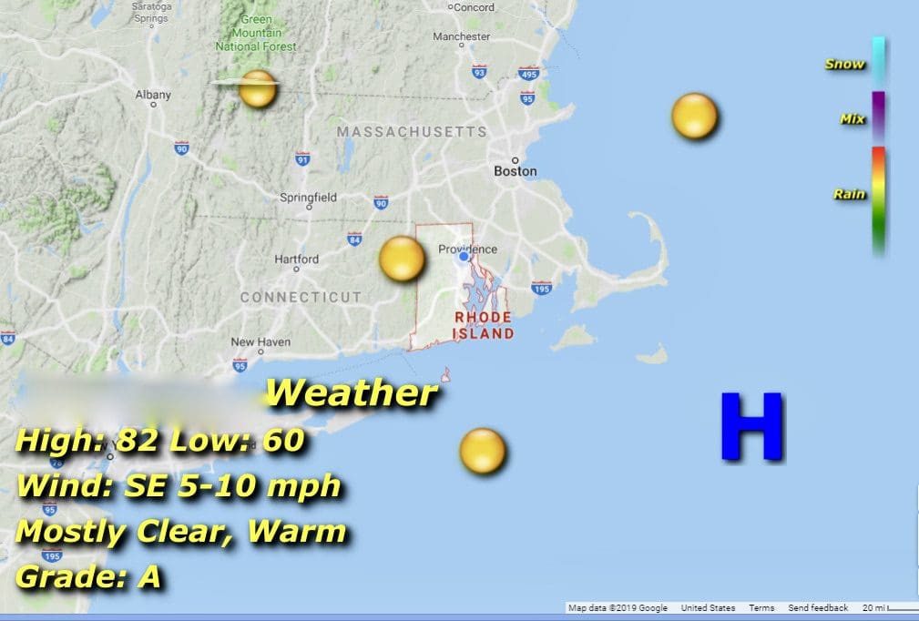 A map displaying the current weather conditions in Massachusetts.