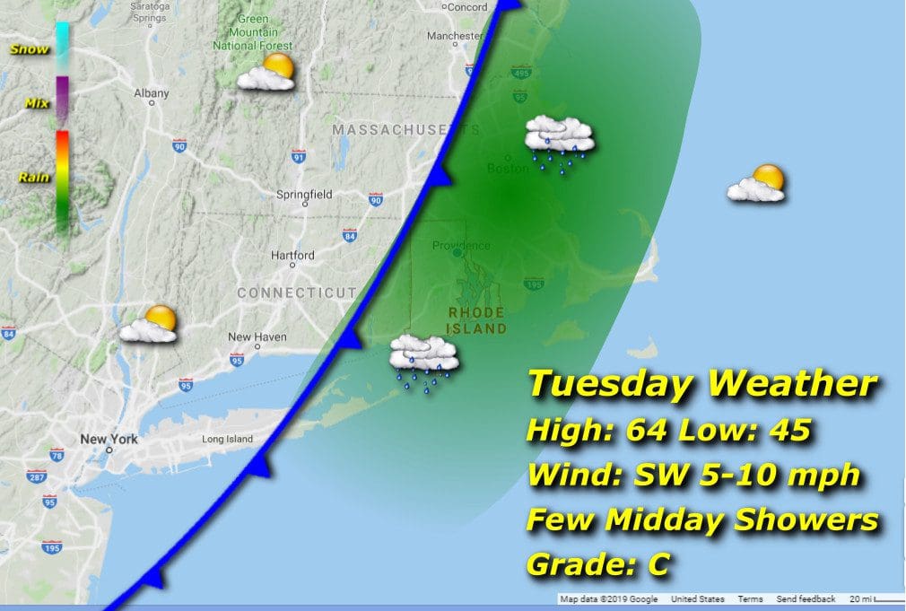 Tuesday weather map for Rhode Island.