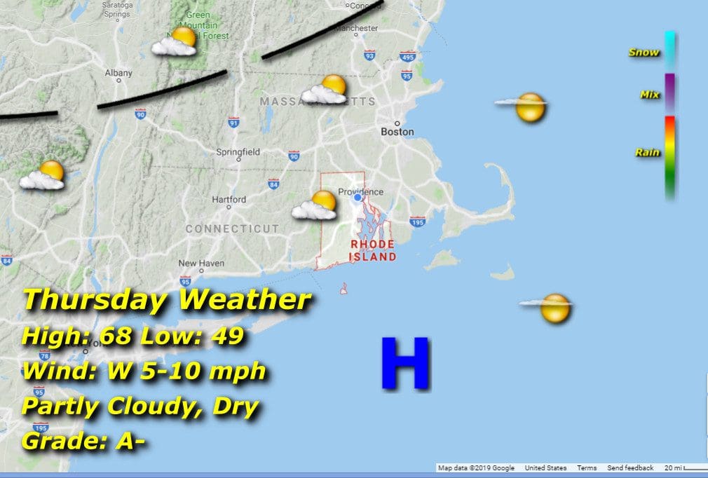 Weather map for Thursday in Massachusetts and Rhode Island.