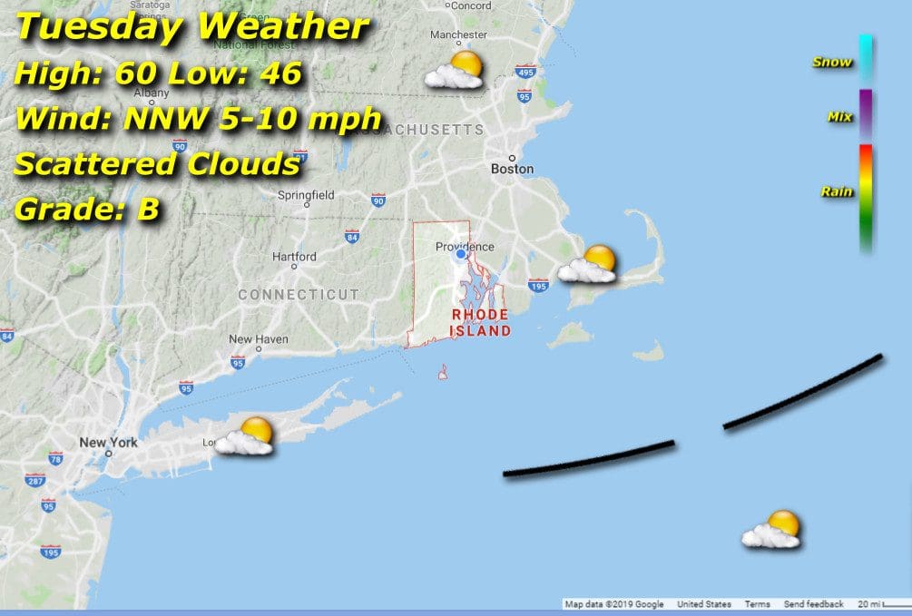 Rhode Island weather on Tuesday will feature high winds and scattered clouds, as shown on the weather map.
