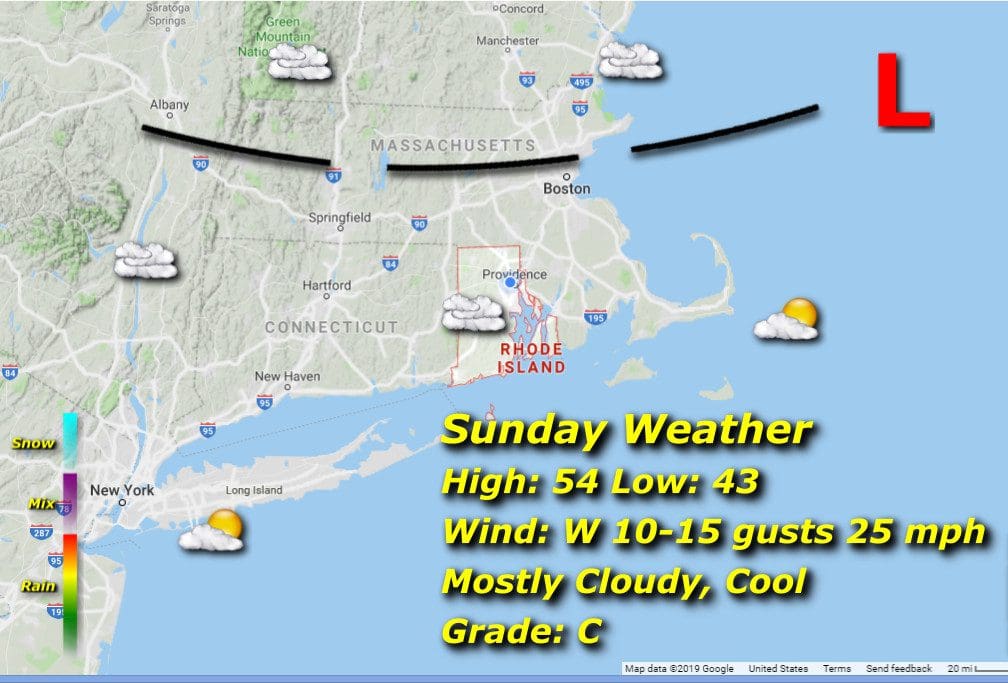 A Rhode Island weather map displaying the forecast for the upcoming days.
