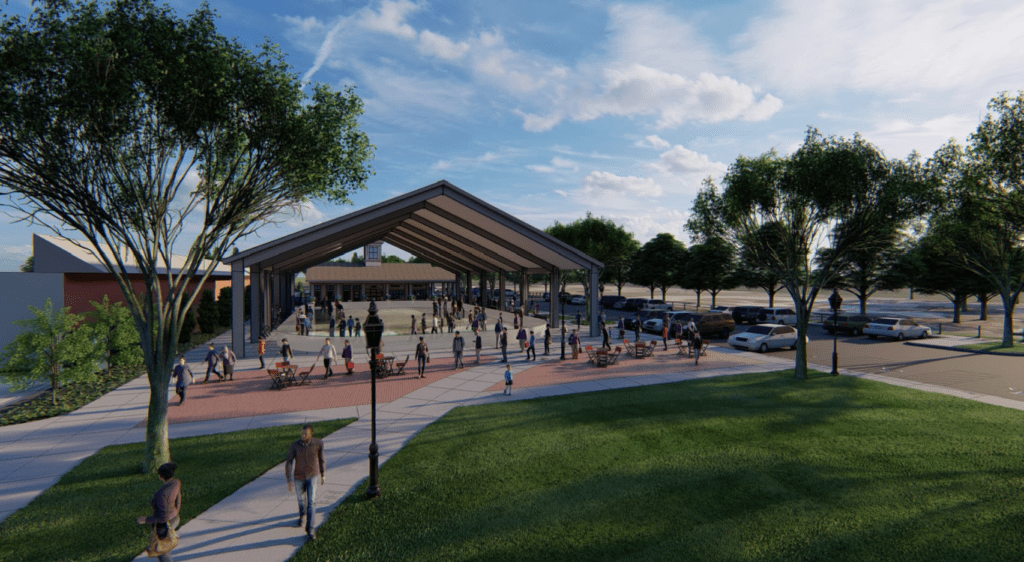 An artist's rendering of Warwick Ice Rink, with people walking around.