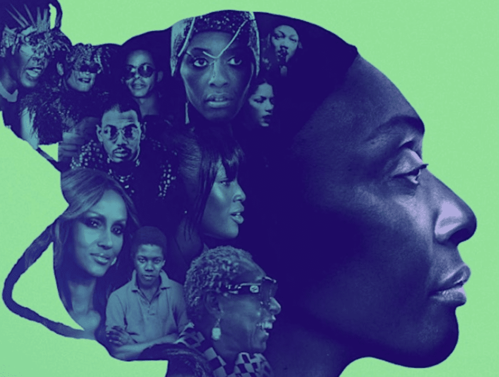 A poster for the RI Black Film Festival featuring a woman's head surrounded by a diverse group of people.