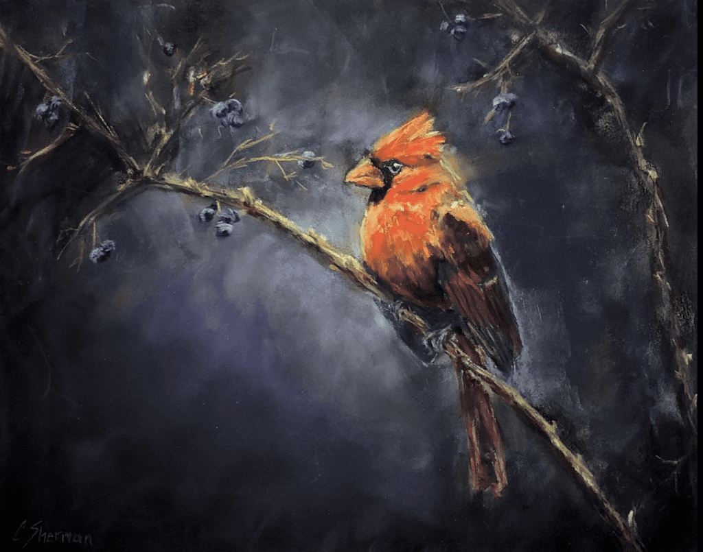 A beautiful painting capturing the essence of nature, featuring a vibrant red cardinal gracefully perched on a branch.
