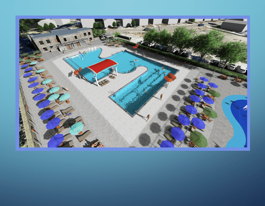 A rendering of a swimming pool with lounge chairs and umbrellas in Cranston.