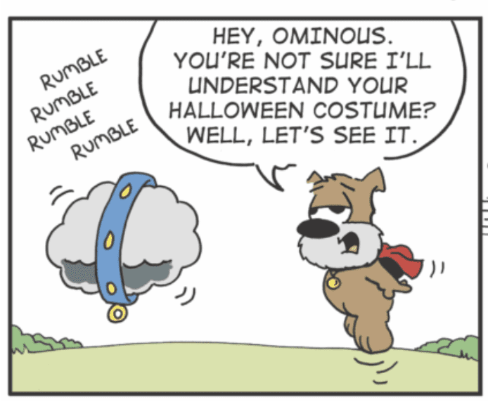 A comics-inspired cartoon of a dog dressed up in a halloween costume.